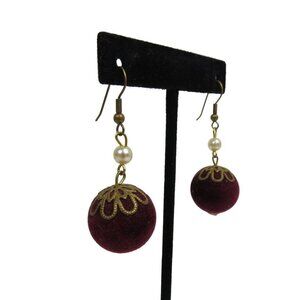 1970s Velvet Drop Earrings Vintage Costume Jewelry Burgundy Disco Earrings